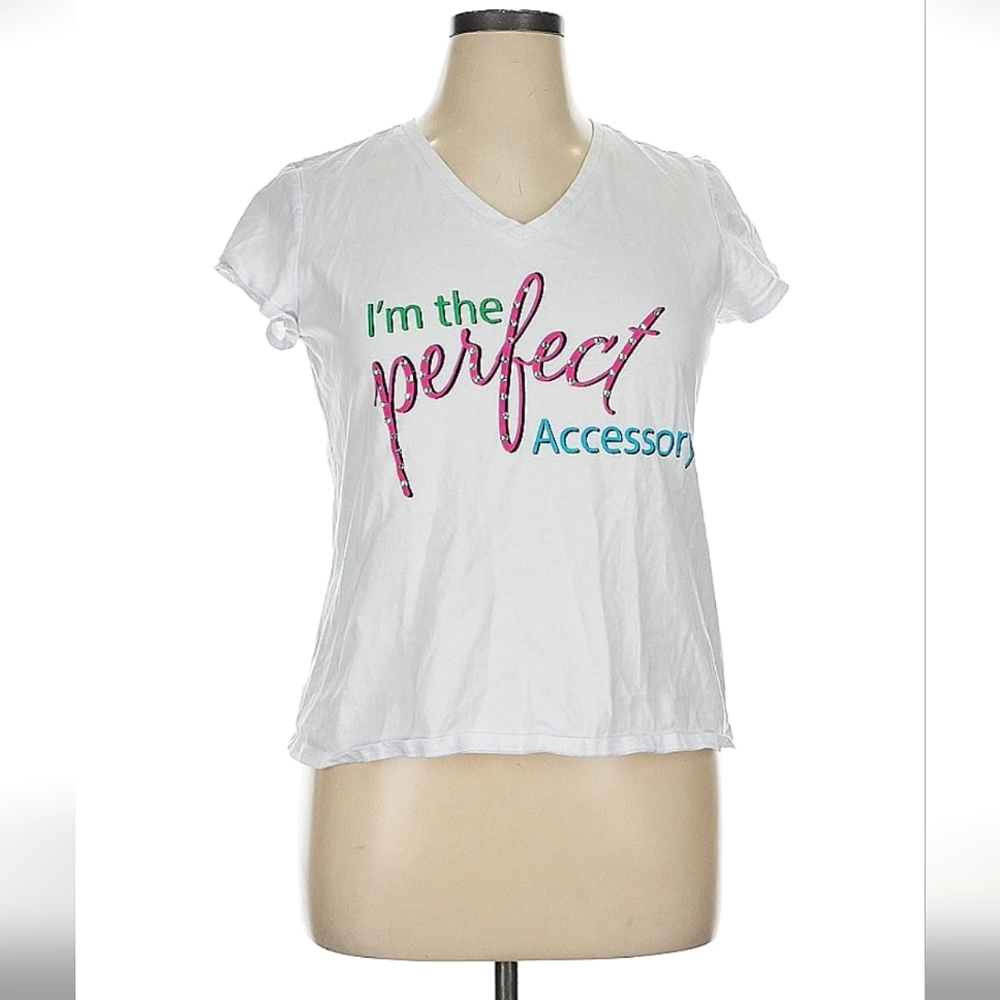 Curations White VNeck Short Sleeve Graphic Tee with Colorful Text Womens Size XL